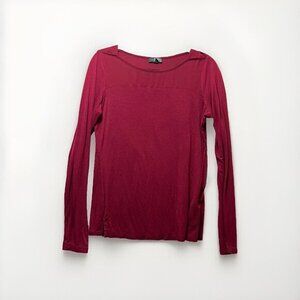 The Limited Top Medium Long‎ Sleeve Maroon Boat Neck Mesh Blouse Shirt